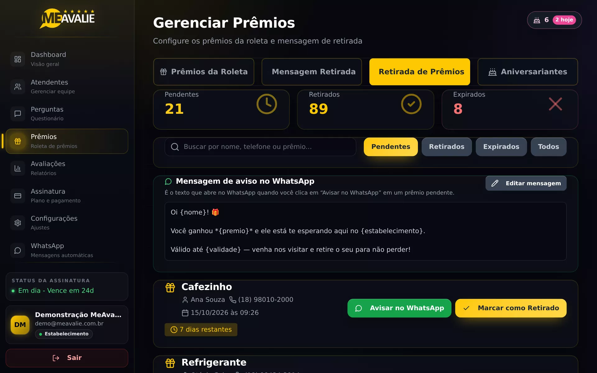 Painel Me Avalie: Retirada de prêmios