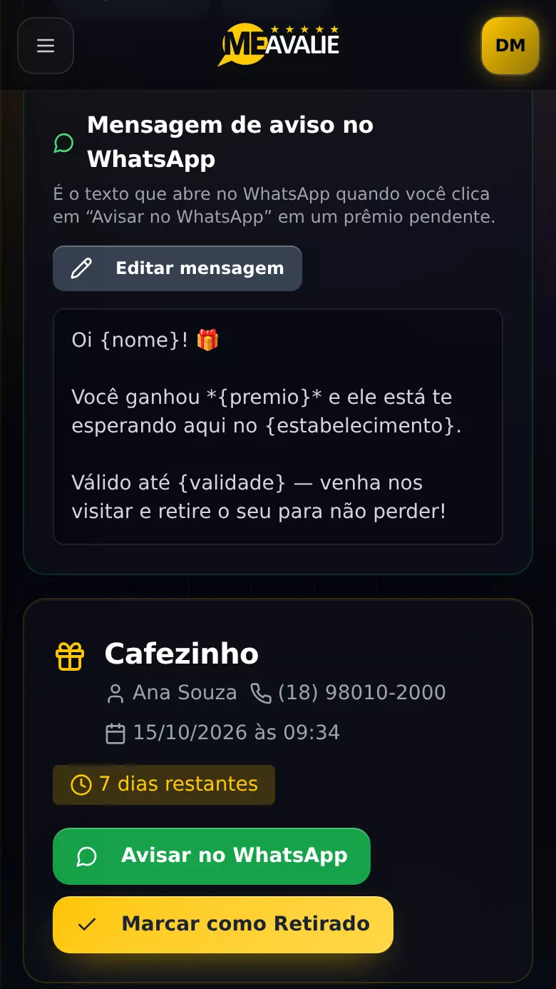 Painel Me Avalie no celular: Retirada de prêmios