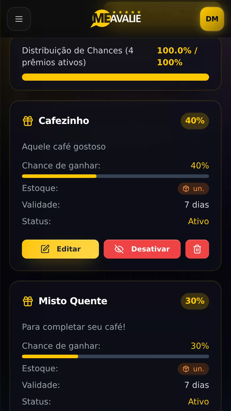 Painel Me Avalie no celular: Roleta de prêmios